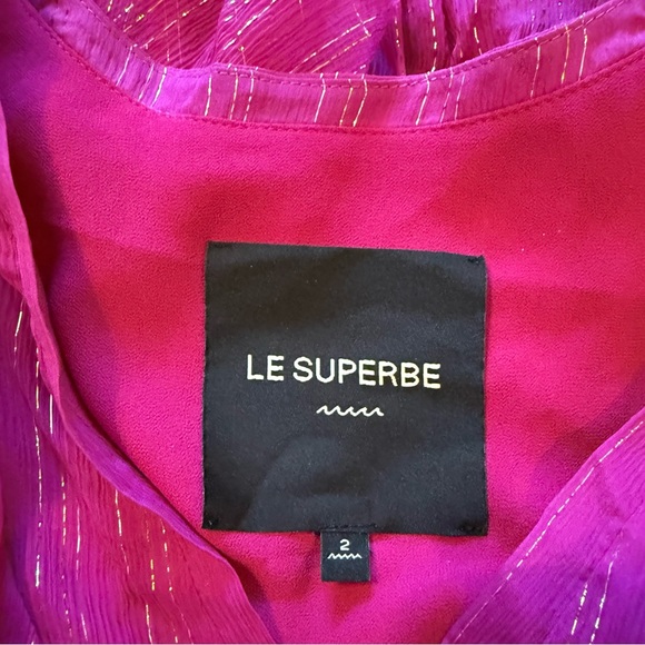 Le Superbe 100% Silk Mini Dress Women’s Size 2 Magenta Fuchsia Metallic Ruffles - Picture 6 of 10